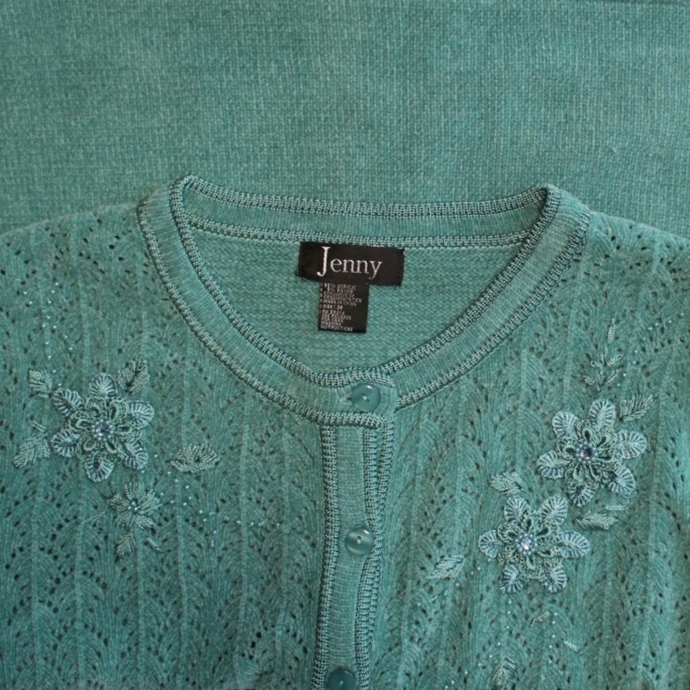 Jenny $68 Medium Retro Teal Pointelle Knit Floral Embellished Button Cardigan
